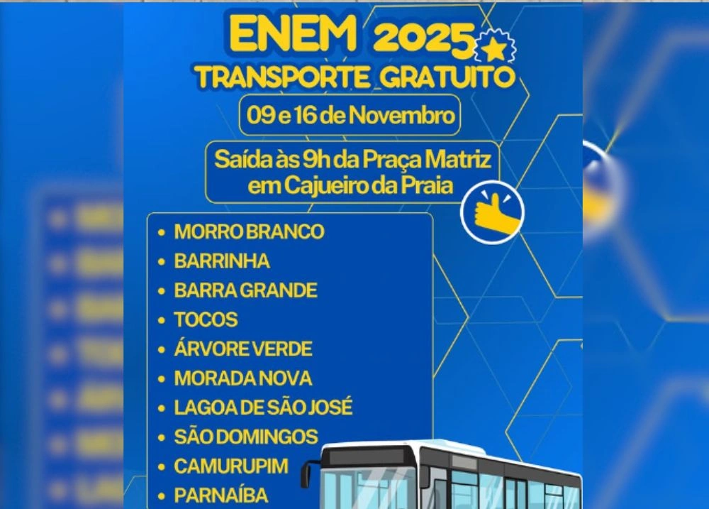 ENEM 2025: Cajueiro da Praia disponibiliza transporte gratuito a estudantes