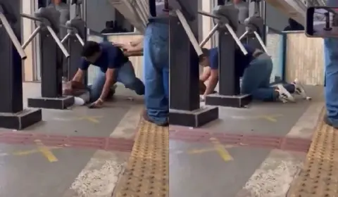 Estudante se arrasta por debaixo do portão e entra antes do fechamento em Cuiabá