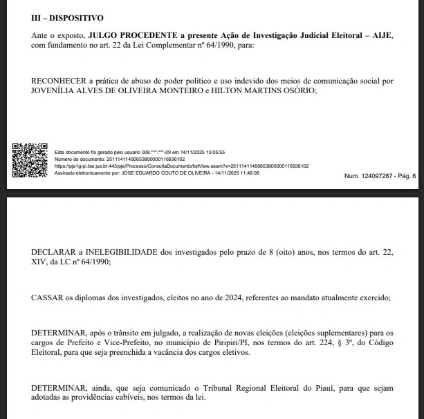 Justiça Eleitoral cassa mandato de Jove Oliveira, prefeita de Piripiri