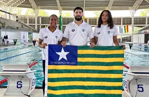 Layla Rodrigues, Iramar Júnior e Geovanna Alburquerque - atletas e técnico da seleção brasileira de natação (Foto: Reprodução)
