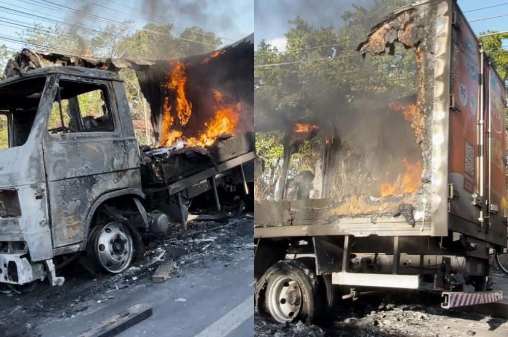Mesmo após ação dos Bombeiros, caminhão segue em chamas na BR-316, em Teresina