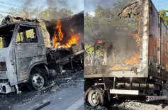 Mesmo após ação dos Bombeiros, caminhão segue em chamas na BR-316, em Teresina