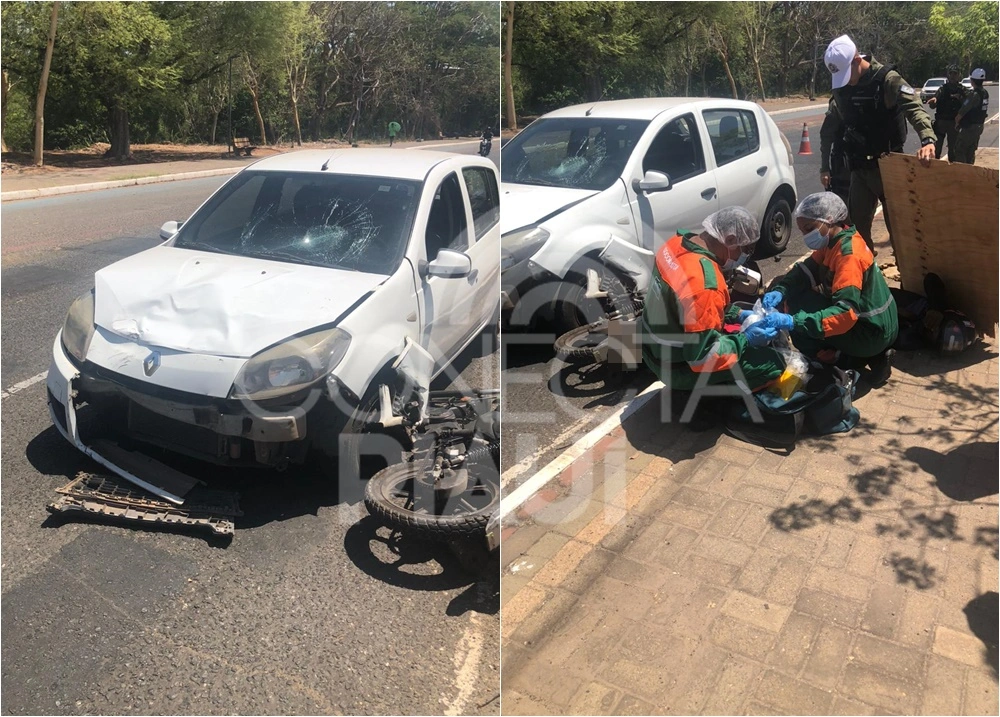 Motoqueiro e passageiro são arrastados por carro após colisão em Teresina
