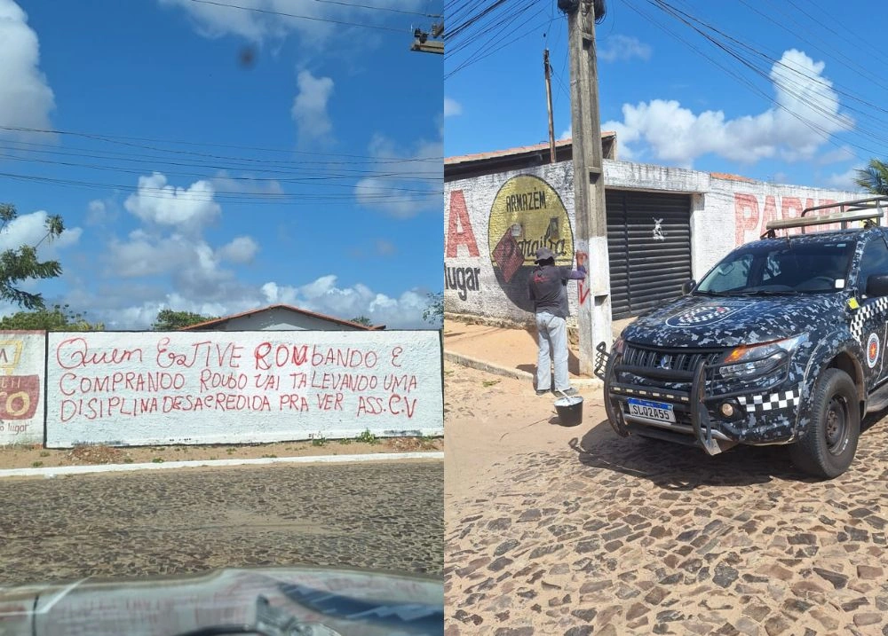 PM apaga pichações com mensagens de facções criminosas em Parnaíba
