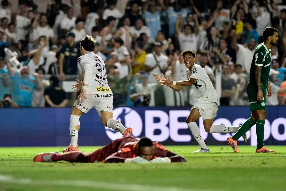 Rollheiser comemora seu gol em Santos 1 x 0 Palmeiras