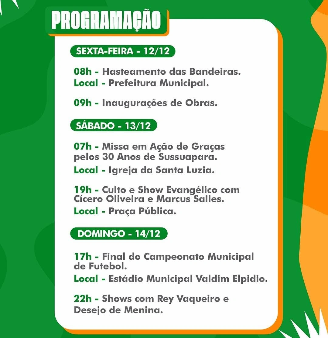 Sussuapara celebra 30 anos com programação especial de fé, esporte e cultura