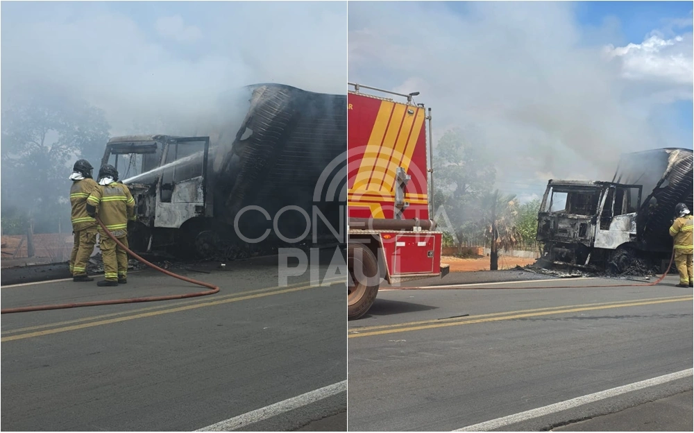Veículo com carga de frutas vira cinzas após incêndio na BR-343 no Piauí