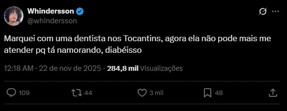 Whindersson perde atendimento na dentista porque ela foi namorar: 'Diabéisso'