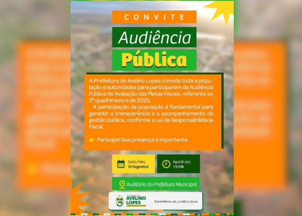 Avelino Lopes realizará audiência pública de avaliação de metas fiscais