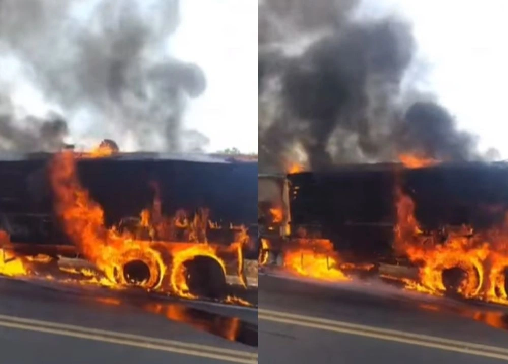 Caminhão carregado de madeira pega fogo na BR-135, no sul do Piauí