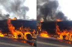No Sul do Piauí, caminhão carregado de madeira pega fogo na BR-135
