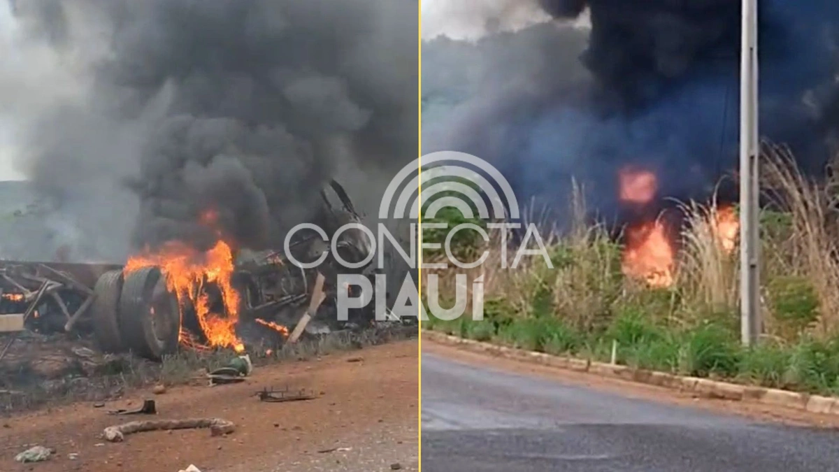Caminhão de combustível tomba e pega fogo em ladeira na cidade de Antônio Almeida