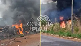 Caminhão de combustível tomba e pega fogo em ladeira na cidade de Antônio Almeida (Foto: Reprodução)