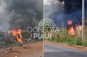 Caminhão de combustível tomba e pega fogo em ladeira na cidade de Antônio Almeida (Foto: Reprodução)