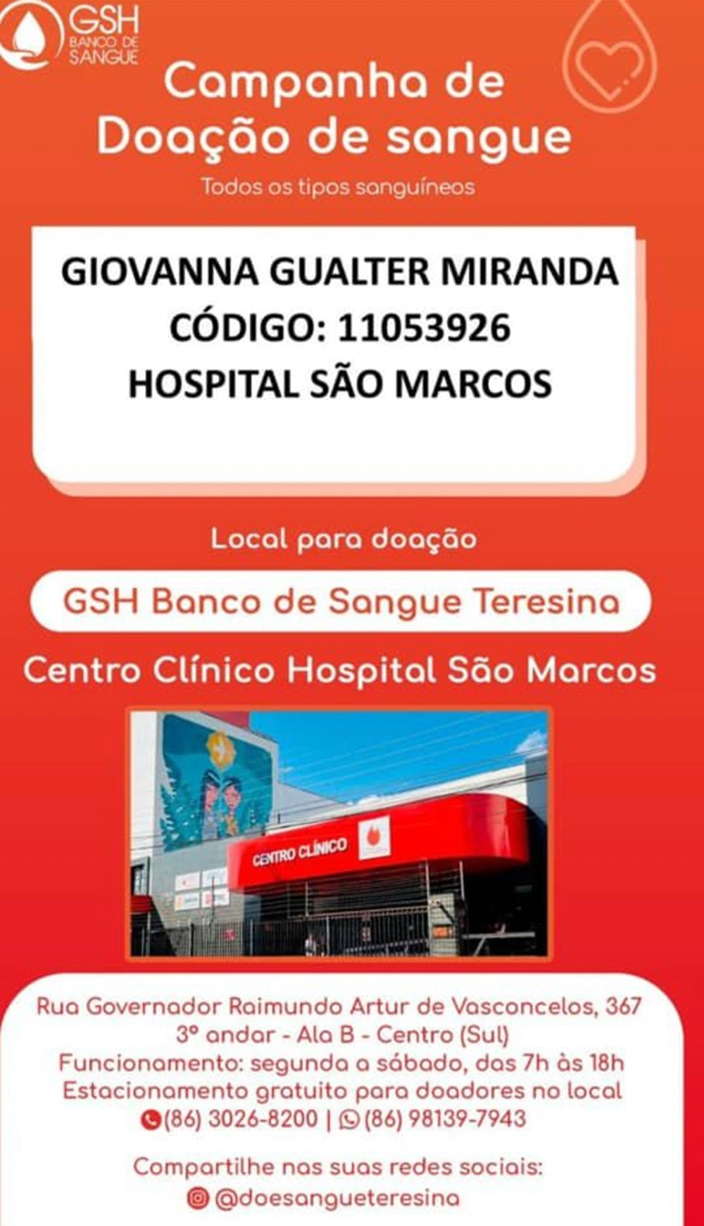 Campanha de doação de sangue mobiliza Teresina para ajudar adolescente com câncer
