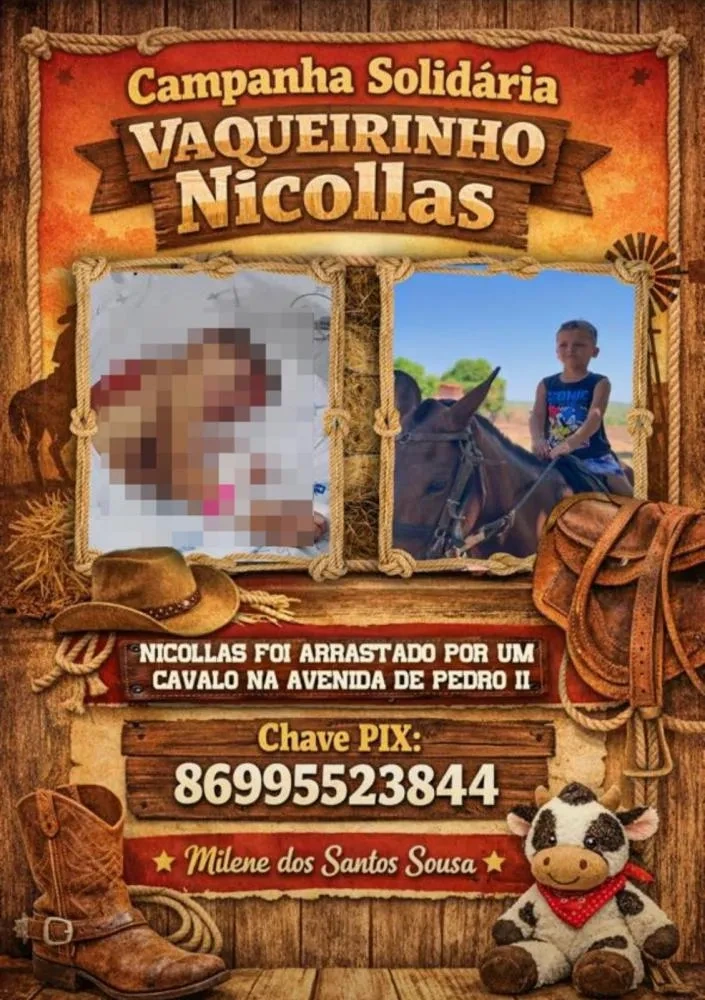 Campanha solidária arrecada doações para criança arrastada por cavalo em Pedro II