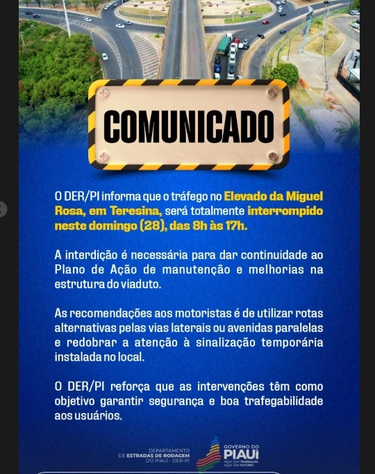 Elevado da Miguel Rosa será interditado neste domingo (28) em Teresina