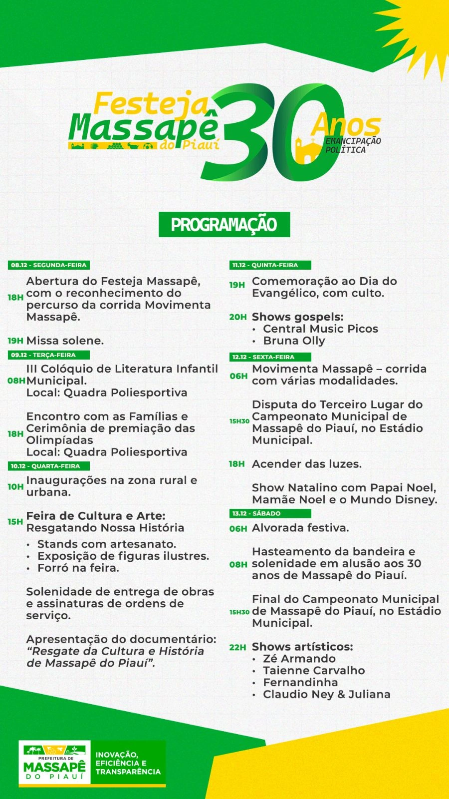 Massapê celebra 30 anos com semana de eventos culturais e esportivos