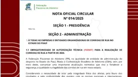 Nota 014/2025 - Federação Piauiense de Atletismo. (Foto: Reprodução/Redes Sociais)