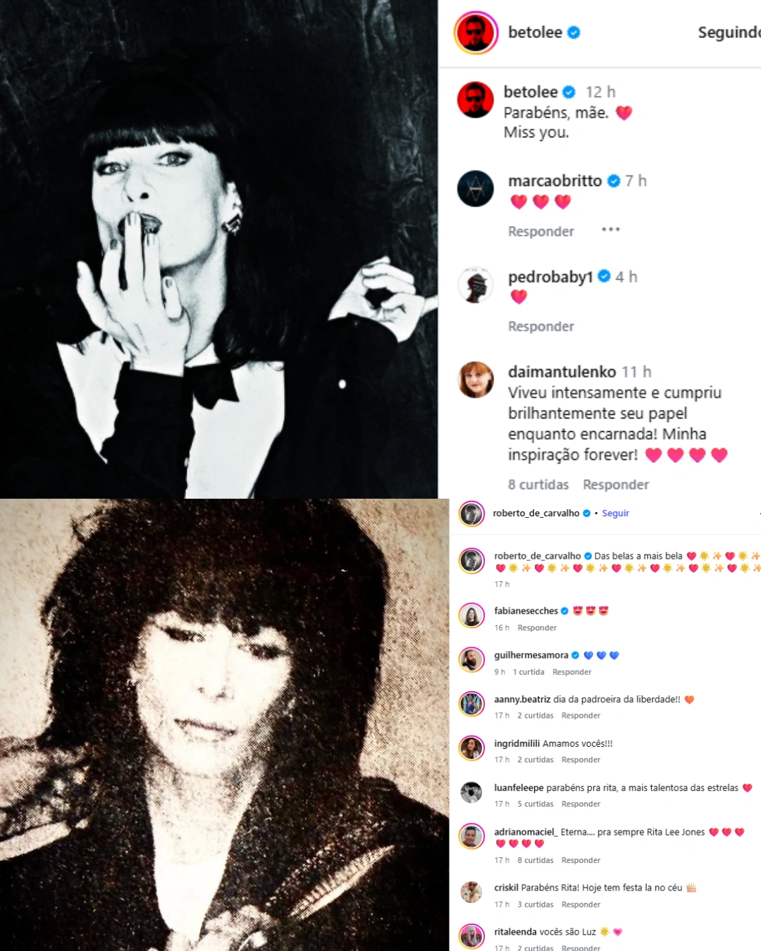 Roberto de Carvalho e o filho de Rita Lee, Beto Lee prestaram homenagens em suas redes