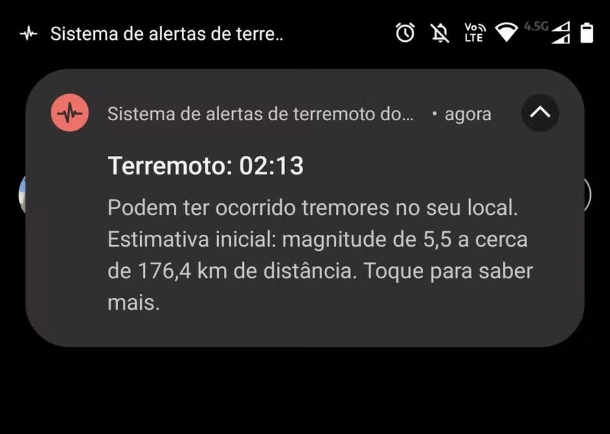 Alerta emitido pelo sistema de alerta de terremoto do Android