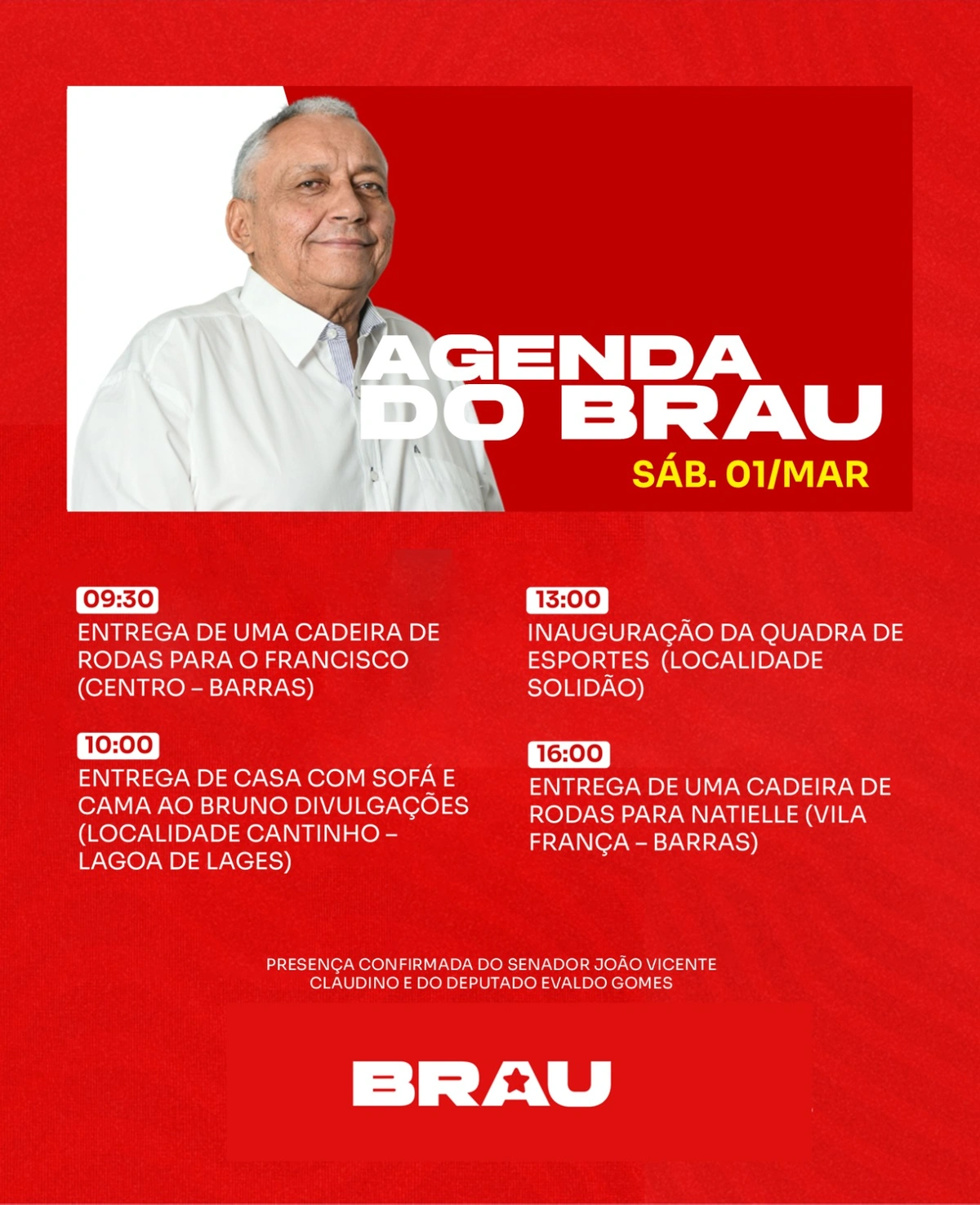 Brau cumpre agenda em Barras com entregas e inauguração neste sábado (01/03)
