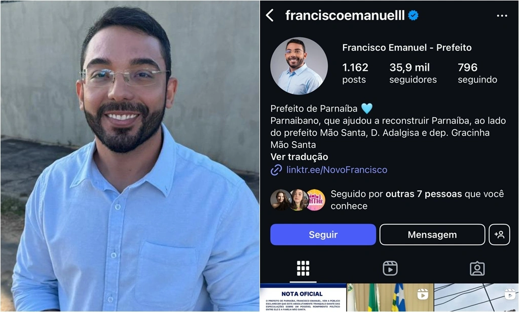 Após romper com família Mão Santa, prefeito de Parnaíba troca de nome no Instagram