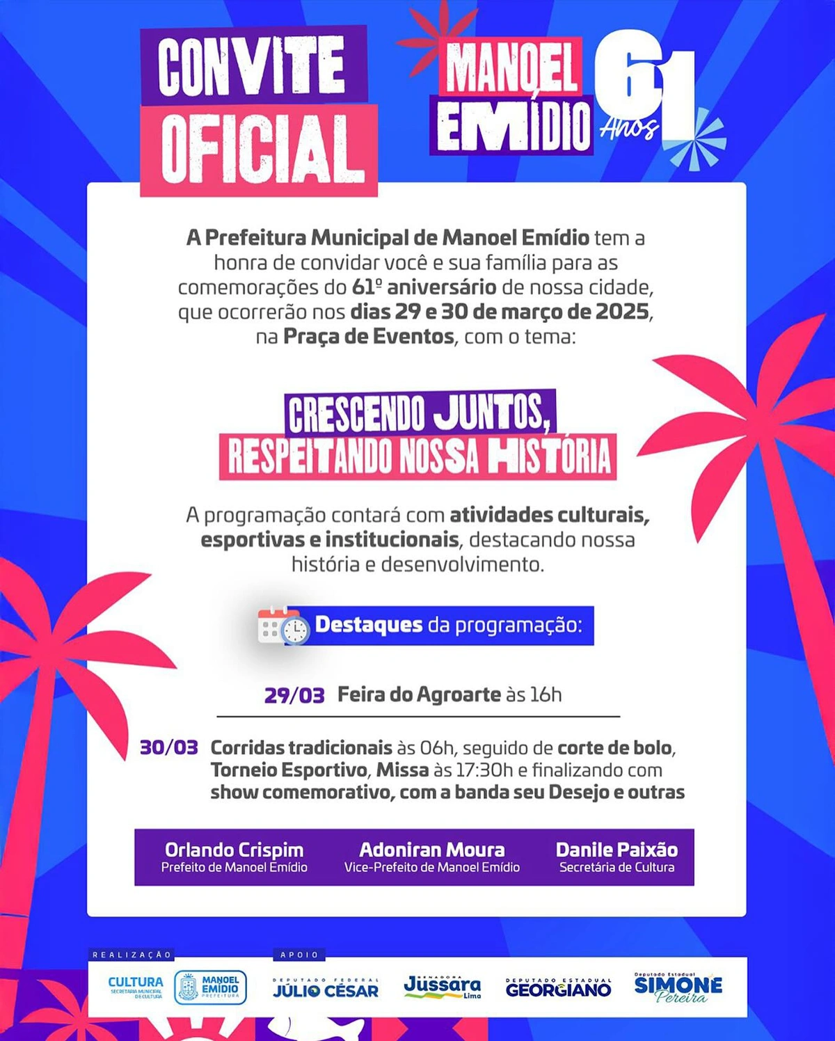 Manoel Emídio celebra 61 anos com programação especial nos dias 29 e 30 de março
