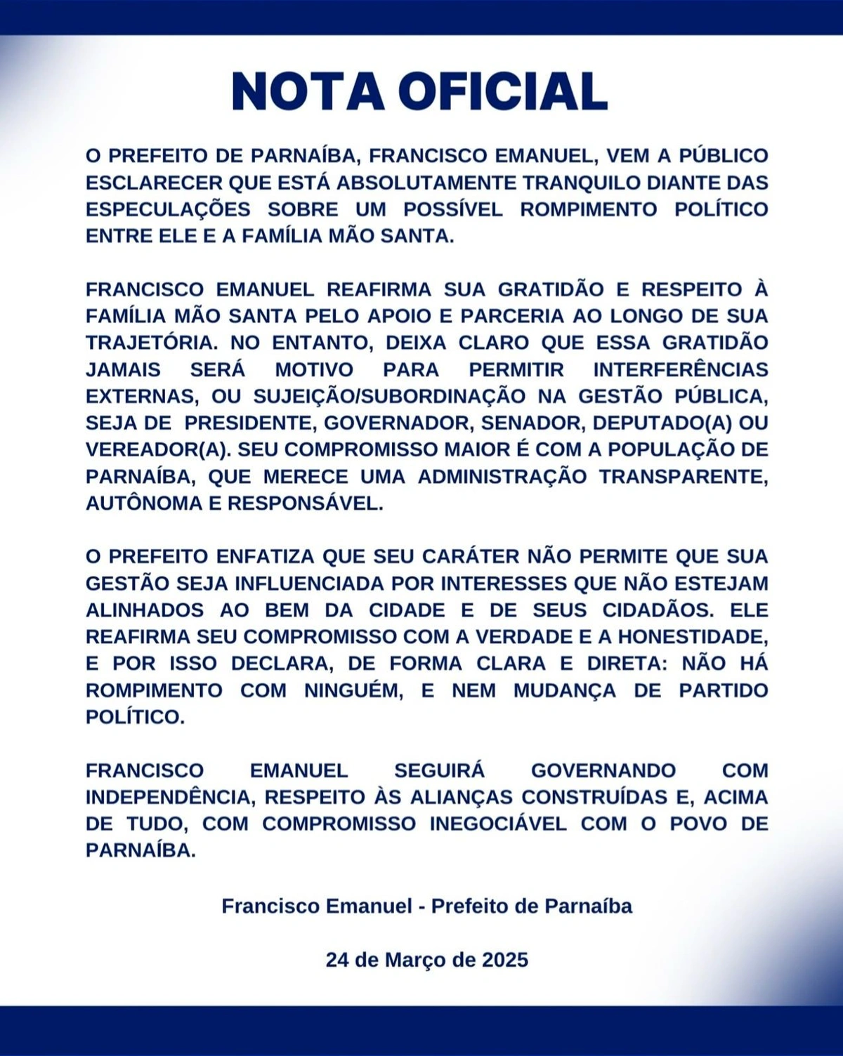 Nota oficial do prefeito Francisco Emanuel