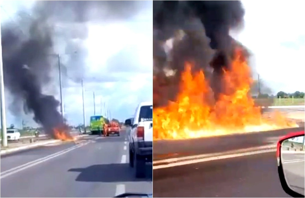 Vazamento de diesel em ônibus causa incêndio em avenida de Teresina