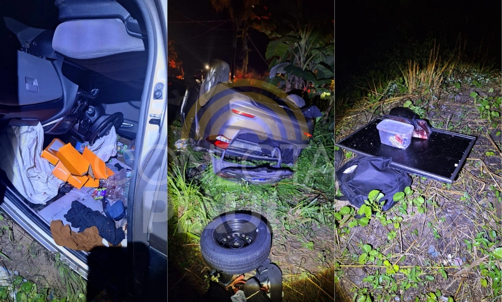 Bandidos em fuga tombam carro com vítima no porta-malas após arrastão em Teresina