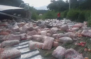 Caminhão carregado de arroz e flocos de milho tomba na PI-112, em direção à União (Foto: Reprodução/BPRE)