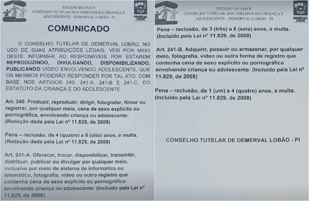 Demerval Lobão: Conselho Tutelar alerta sobre divulgação de vídeo com adolescente