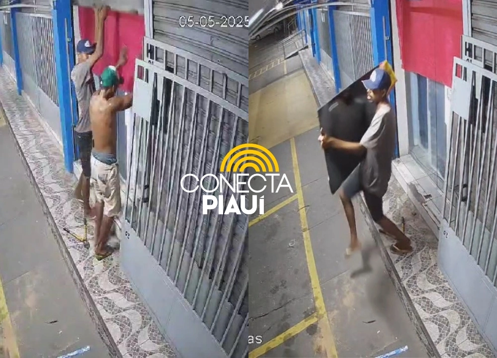 Câmera flagra dupla de criminosos arrombando e furtando TVs de loja em Timon