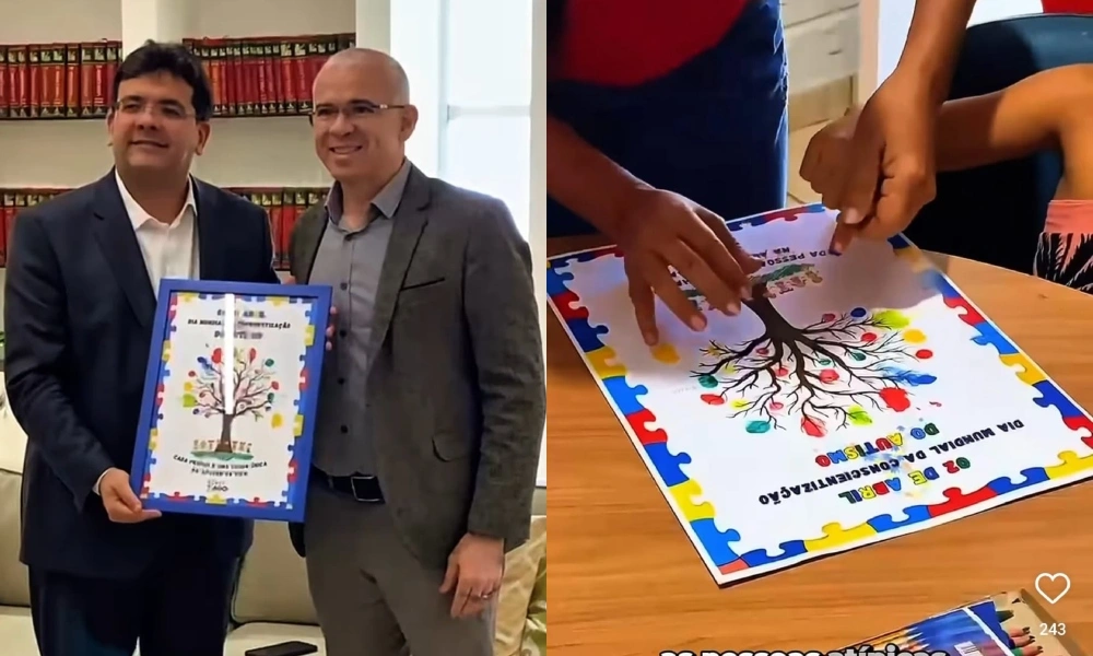 Deputado Tiago Vasconcelos entrega ao governador obra de arte feita por autistas