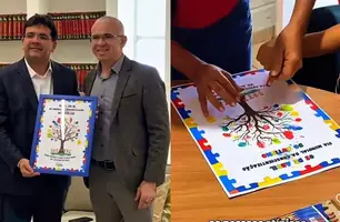 Deputado Tiago Vasconcelos entrega ao governador obra de arte feita por autistas (Foto: Reprodução)