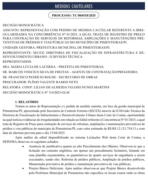 TCE-PI barra licitação milionária no município de Pimenteiras