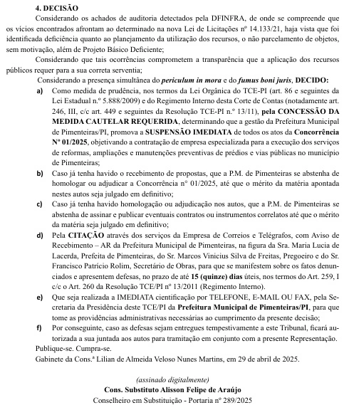 TCE-PI barra licitação milionária no município de Pimenteiras