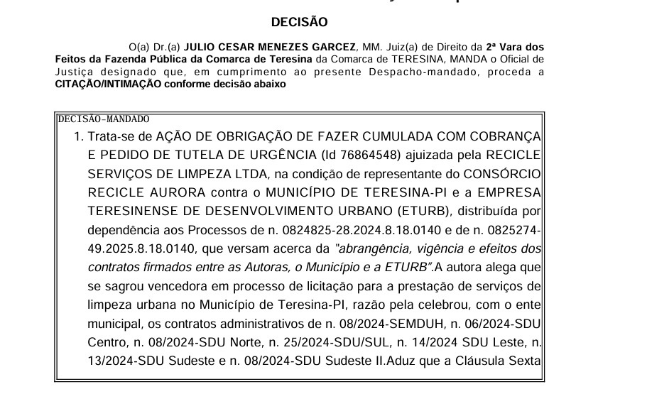 Justiça manda Prefeitura de Teresina pagar R$ 19 milhões a empresa de limpeza
