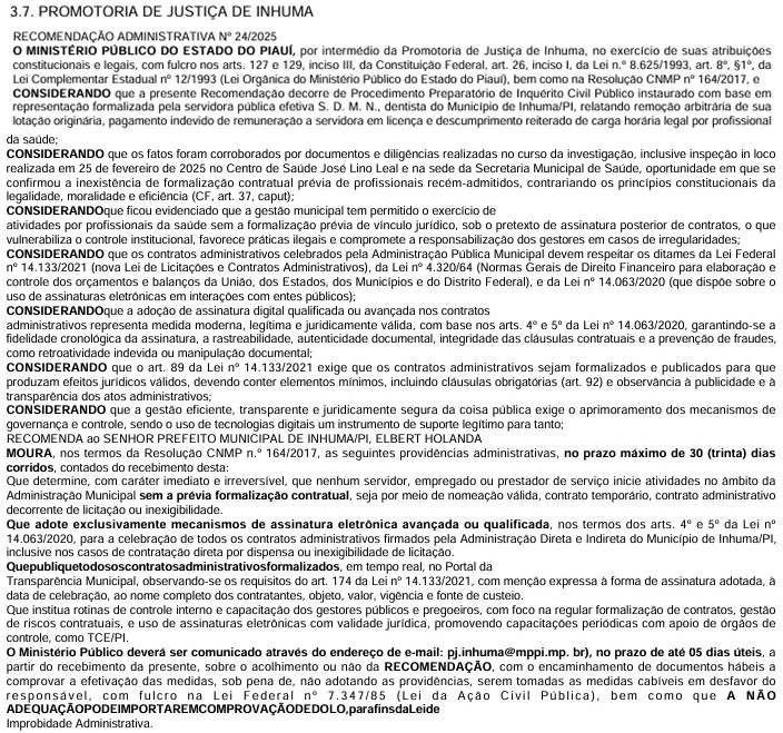 Prefeitura de Inhuma é alvo de recomendação do MP por contratos irregulares