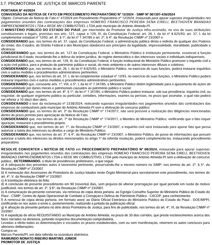 Promotoria apura irregularidade em contratos de combustíveis em Antônio Almeida