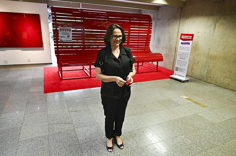 A presidente da CDH, senadora Damares Alves, em frente ao banco vermelho na entrada do Túnel do Tempo