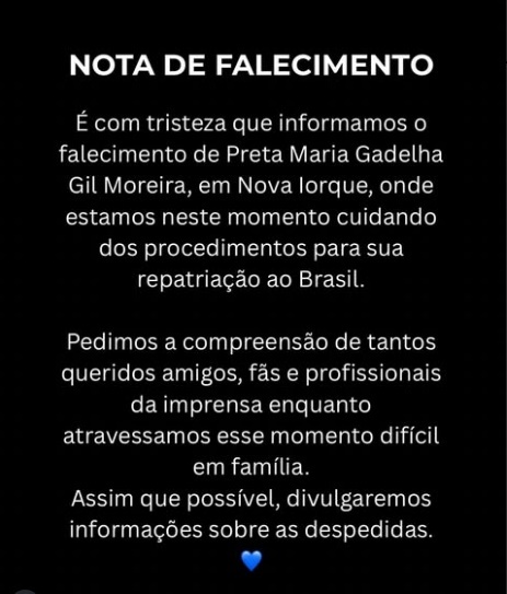 Gilberto Gil divulga nota de pesar após morte da filha, Preta: 'Momento difícil'