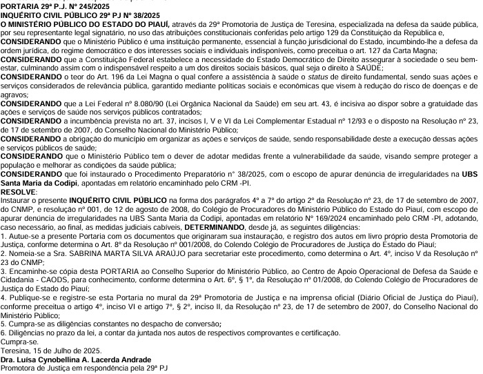 Ministério Público investiga irregularidades em diversas unidades de saúde em THE