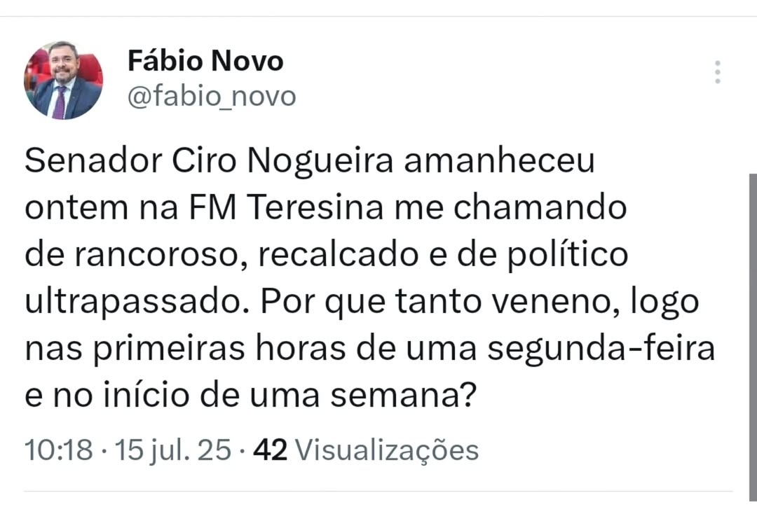 'Por que tanto veneno?', rebate Fábio Novo sobre críticas de Ciro Nogueira