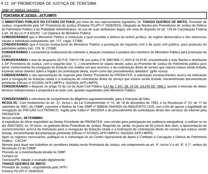 Prodater Teresina revoga licitação para fazer contratação direta de empresa