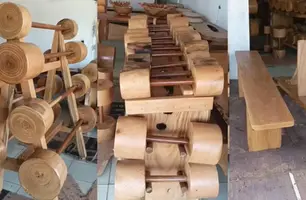 Artesão transforma madeira em equipamentos de academia no litoral do Piauí (Foto: Reprodução G1)