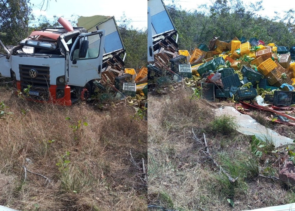 Caminhão que transportava carga de bananas tomba na BR-343, em Buriti dos Lopes
