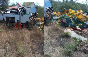 Caminhão que transportava carga de bananas tomba na BR-343, em Buriti dos Lopes (Foto: Reprodução)
