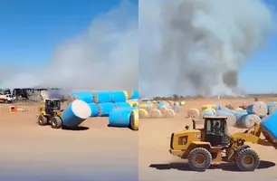 Incêndio de grandes proporções atinge algodoeira em Baixa Grande do Ribeiro (Foto: Reprodução/Redes sociais)